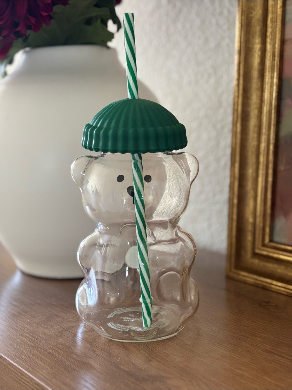 Starbucks Clear Bearista Tumbler with Green Beanie and Striped Straw, NWT. - Picture 2 of 4